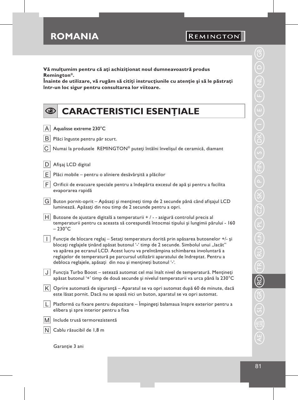 Türkçe, Servis ve garanti, Romania | Caracteristici esenţiale, Çevreyi koruma | Remington S8102 User Manual | Page 83 / 112