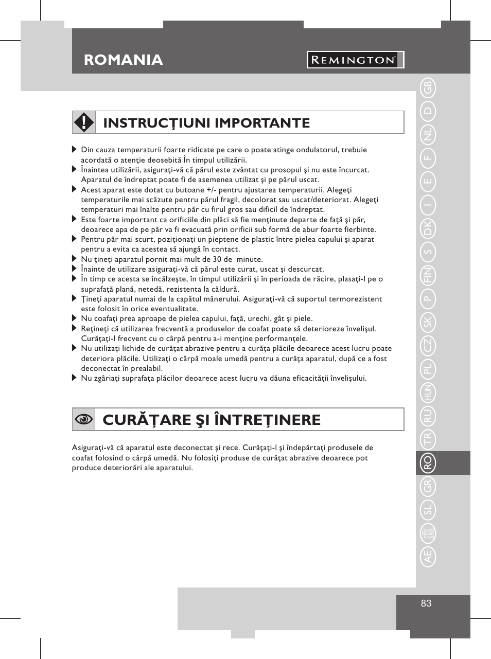 Romania, Instrucţiuni de utilizare, Curăţare şi întreţinere | Instrucţiuni importante | Remington S8102 User Manual | Page 85 / 112