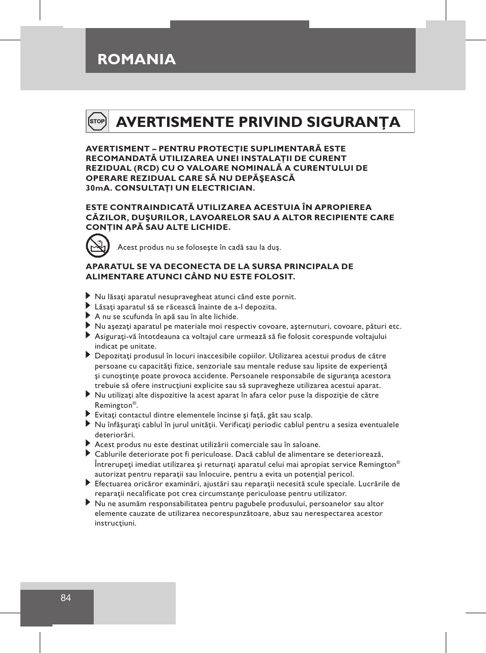 Romania, Avertismente privind siguranţa, Service şi garanţie | Protejaţi mediul | Remington S8102 User Manual | Page 86 / 112