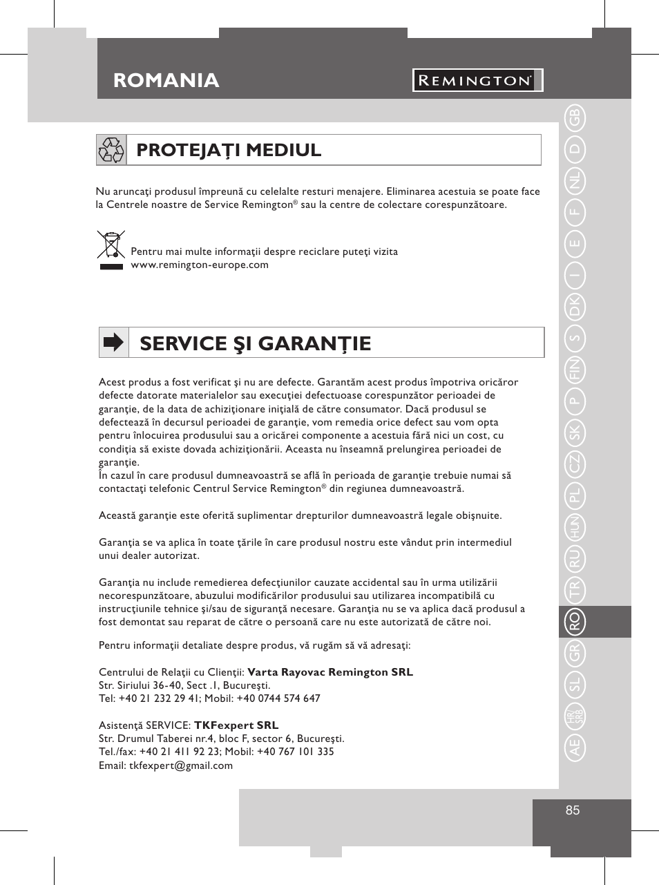 Romania, Avertismente privind siguranţa, Service şi garanţie | Protejaţi mediul | Remington S8102 User Manual | Page 87 / 112