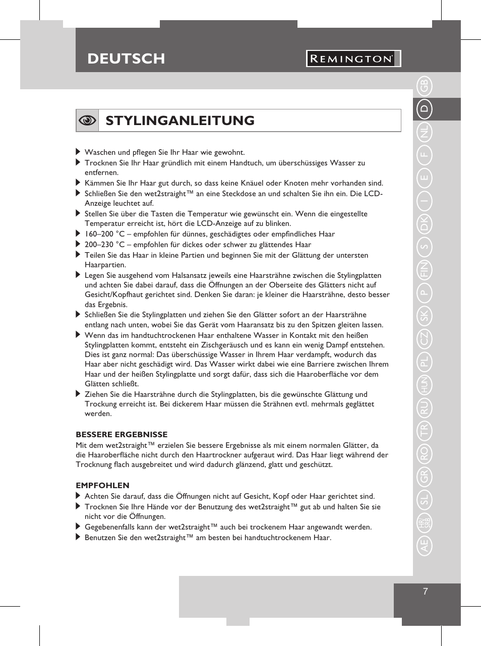 Deutsch, Produktmerkmale, Stylinganleitung | Remington S8102 User Manual | Page 9 / 112