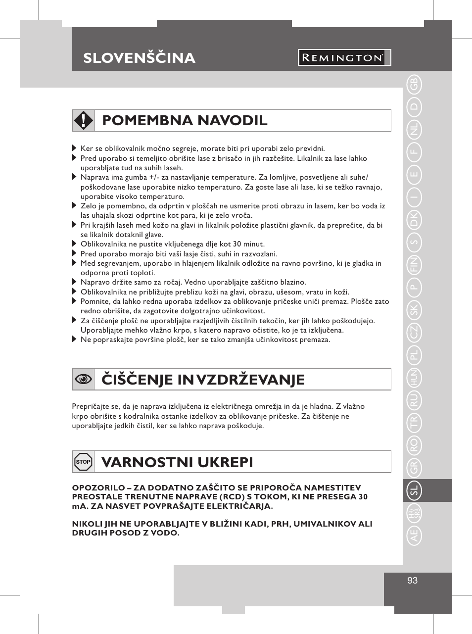 Slovenščina navodila za uporabo, Slovenščina, Pomembna navodil | Čiščenje in vzdrževanje, Varnostni ukrepi | Remington S8102 User Manual | Page 95 / 112