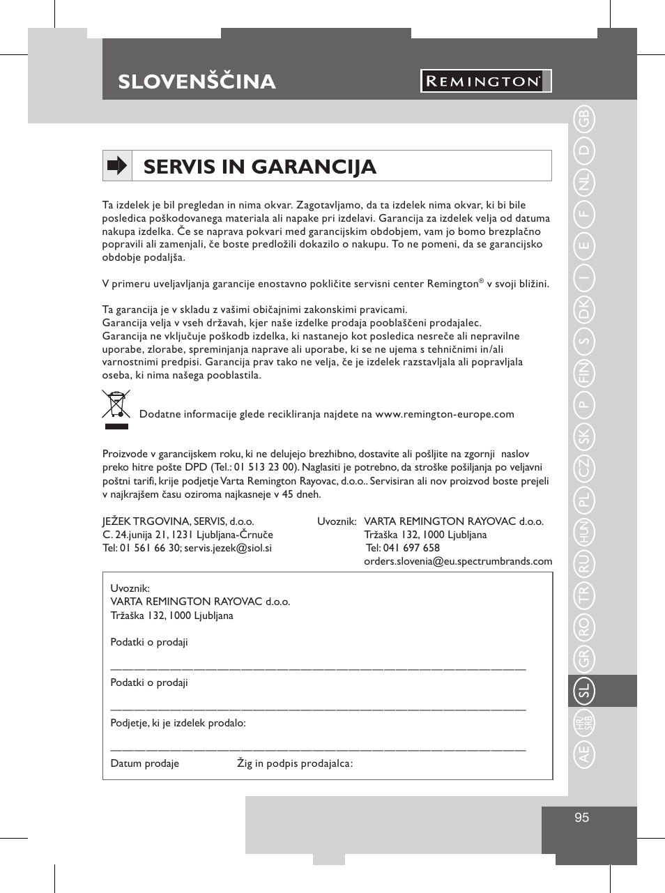 Slovenščina, Slovenščina servis in garancija, Varujte okolje | Remington S8102 User Manual | Page 97 / 112