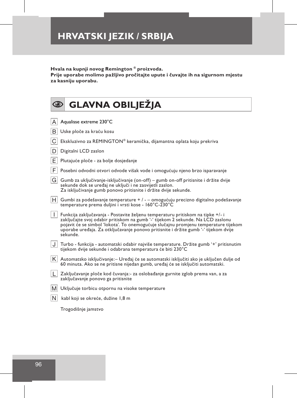 Hrvatski jezik / srbija, Glavna obilježja, Upute za uporabu | Remington S8102 User Manual | Page 98 / 112