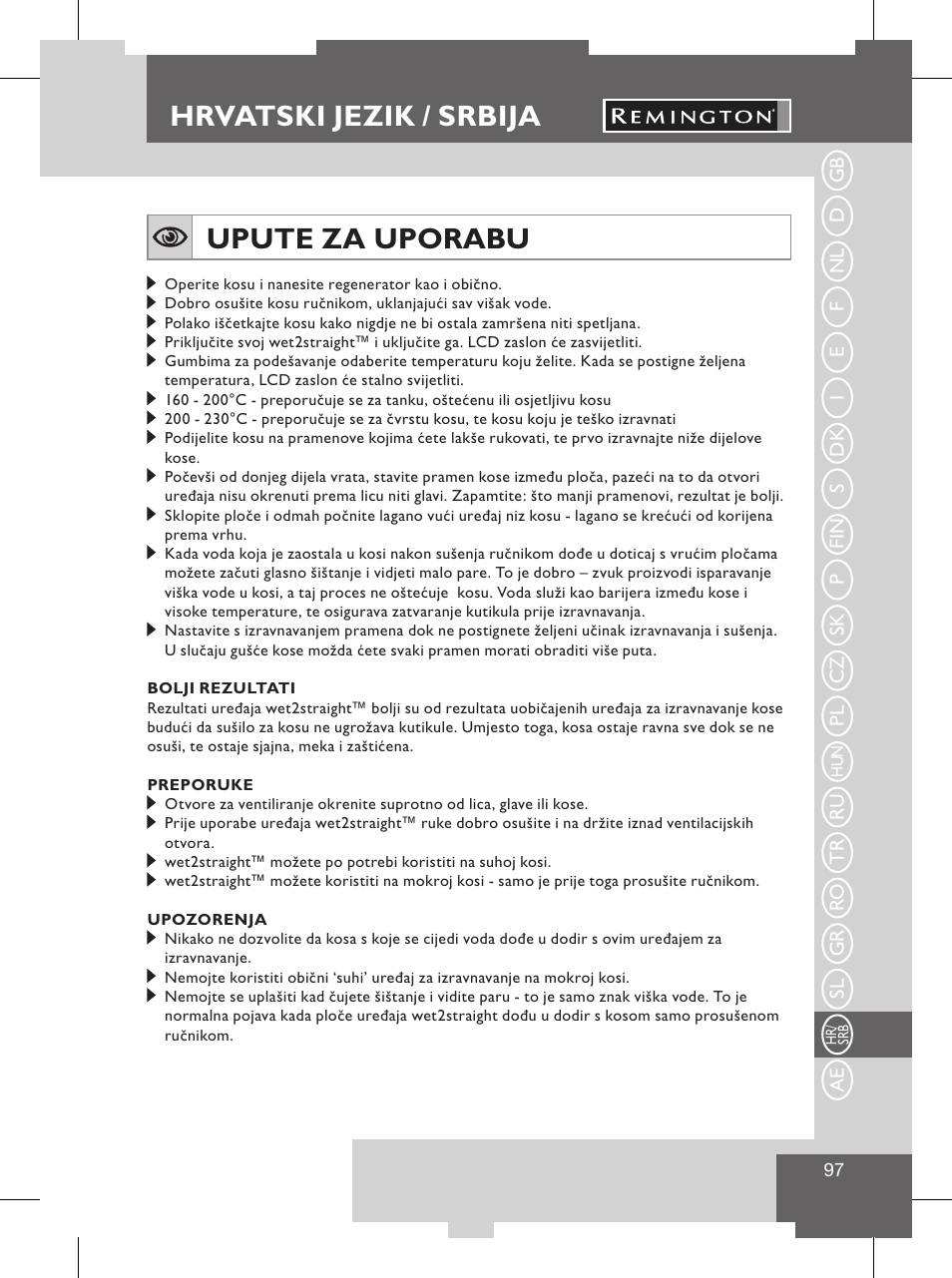 Hrvatski jezik / srbija, Glavna obilježja, Upute za uporabu | Remington S8102 User Manual | Page 99 / 112