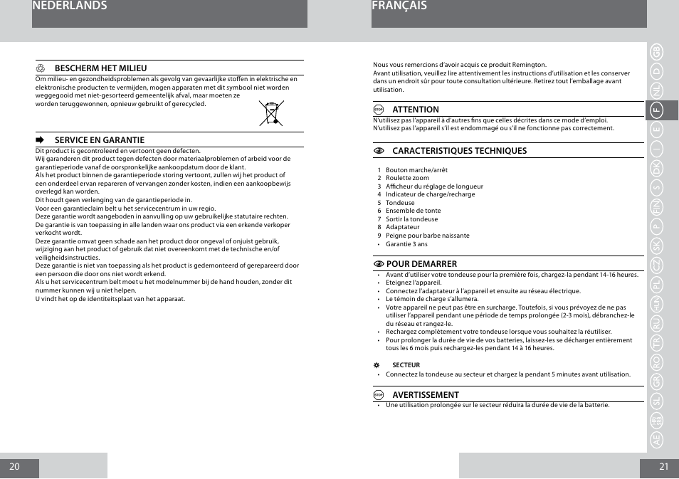 Nederlands, Français | Remington MB4030 User Manual | Page 11 / 69