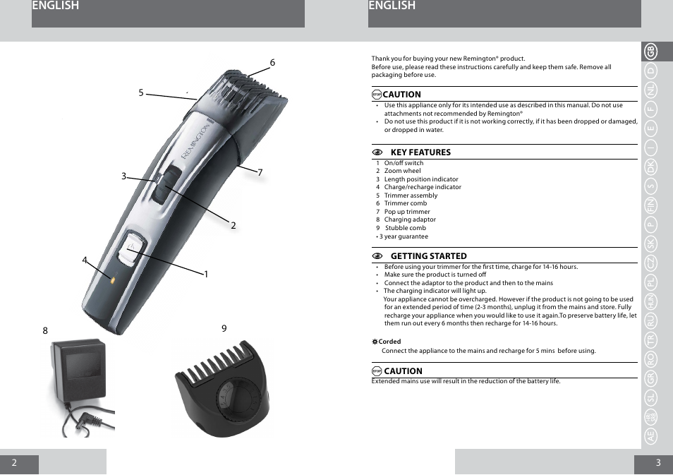 English | Remington MB4030 User Manual | Page 2 / 69