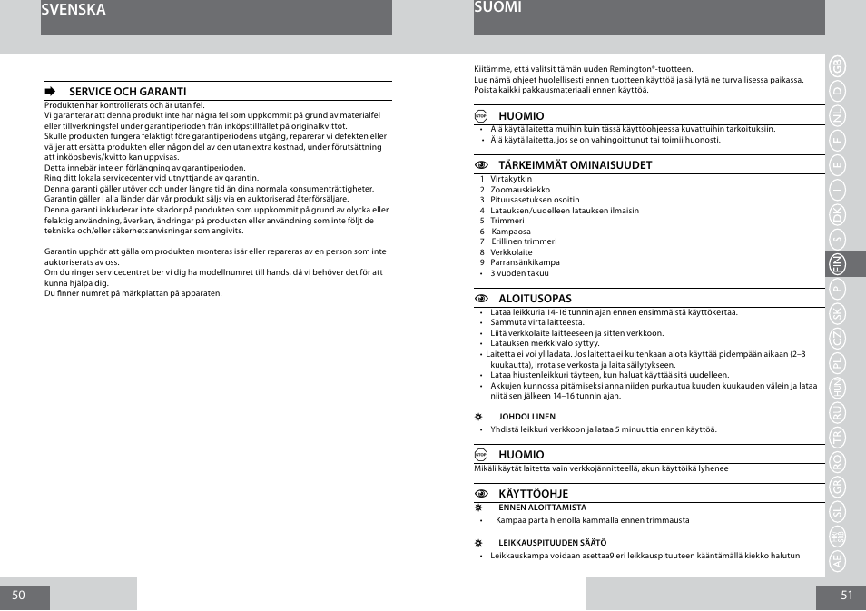 Svenska, Suomi | Remington MB4030 User Manual | Page 26 / 69