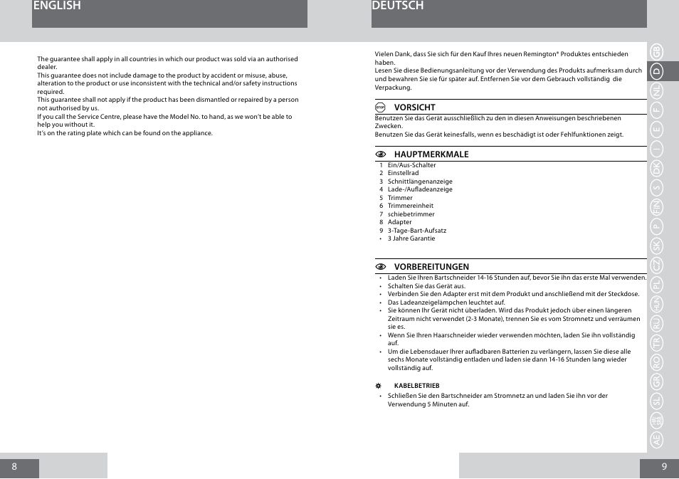 English, Deutsch | Remington MB4030 User Manual | Page 5 / 69