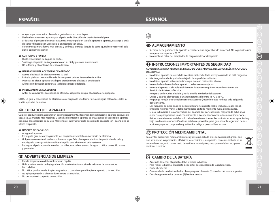 Español, Cuidado del aparato, Advertencias de limpieza | Almacenamiento, Instrucciones importantes de seguridad, Protección medioambiental, Cambio de la batería | Remington BHT6250 User Manual | Page 11 / 45