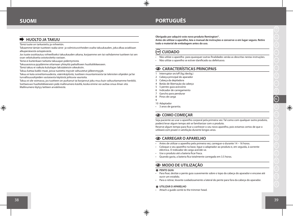 Português suomi | Remington BHT6250 User Manual | Page 20 / 45