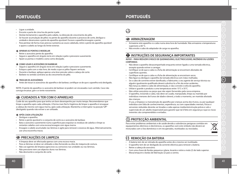 Português, Cuidados a ter com o aparelho, Precauções de limpeza | Armazenagem, Instruções de segurança importantes, Protecção ambiental, Remoção da bateria | Remington BHT6250 User Manual | Page 21 / 45