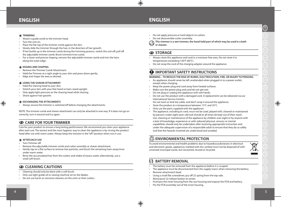 English, Care for your trimmer, Cleaning cautions | Storage, Important safety instructions, Environmental protection, Battery removal | Remington BHT6250 User Manual | Page 3 / 45
