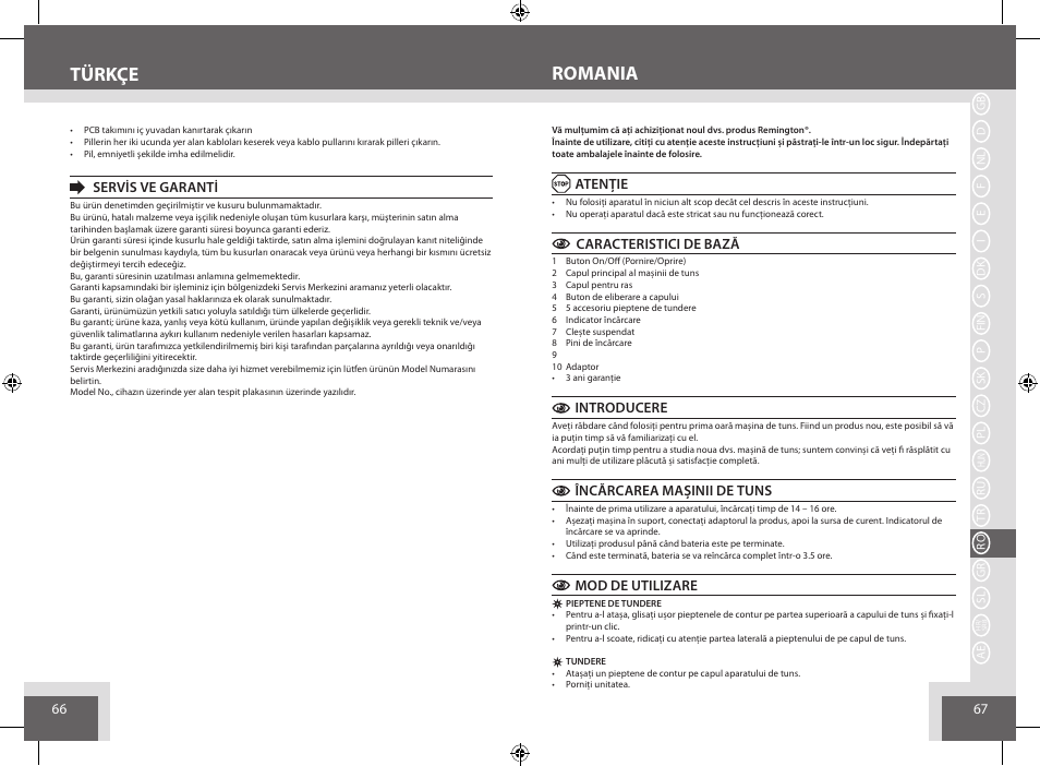 Türkçe, Romania | Remington BHT6250 User Manual | Page 34 / 45