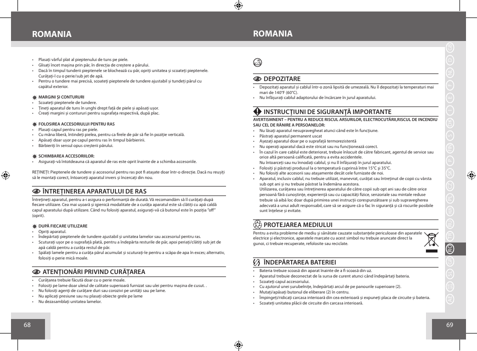 Romania, Întreţinerea aparatului de ras, Atenţionări privind curăţarea | Depozitare, Instrucţiuni de siguranţă importante, Protejarea mediului, Îndepărtarea bateriei | Remington BHT6250 User Manual | Page 35 / 45