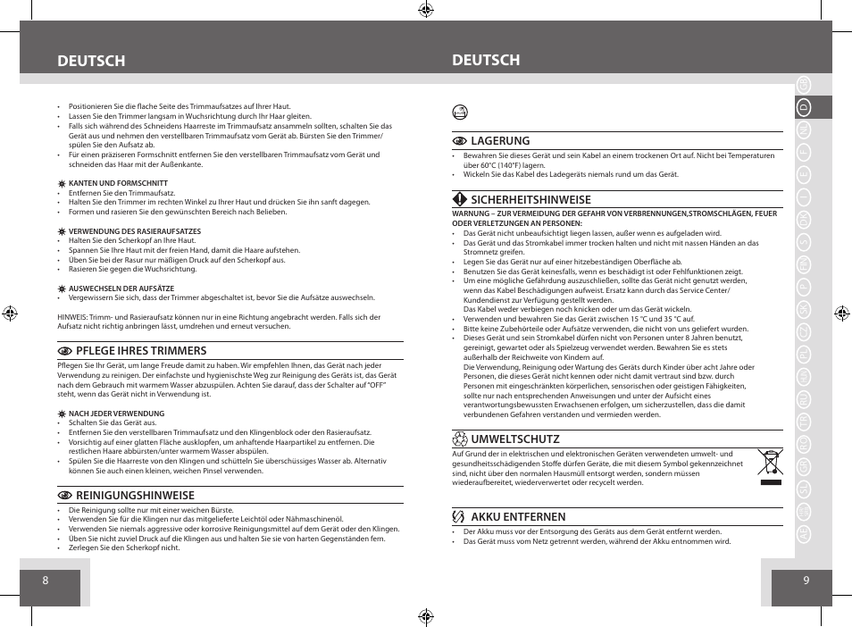 Deutsch, Pflege ihres trimmers, Reinigungshinweise | Lagerung, Sicherheitshinweise, Umweltschutz, Akku entfernen | Remington BHT6250 User Manual | Page 5 / 45