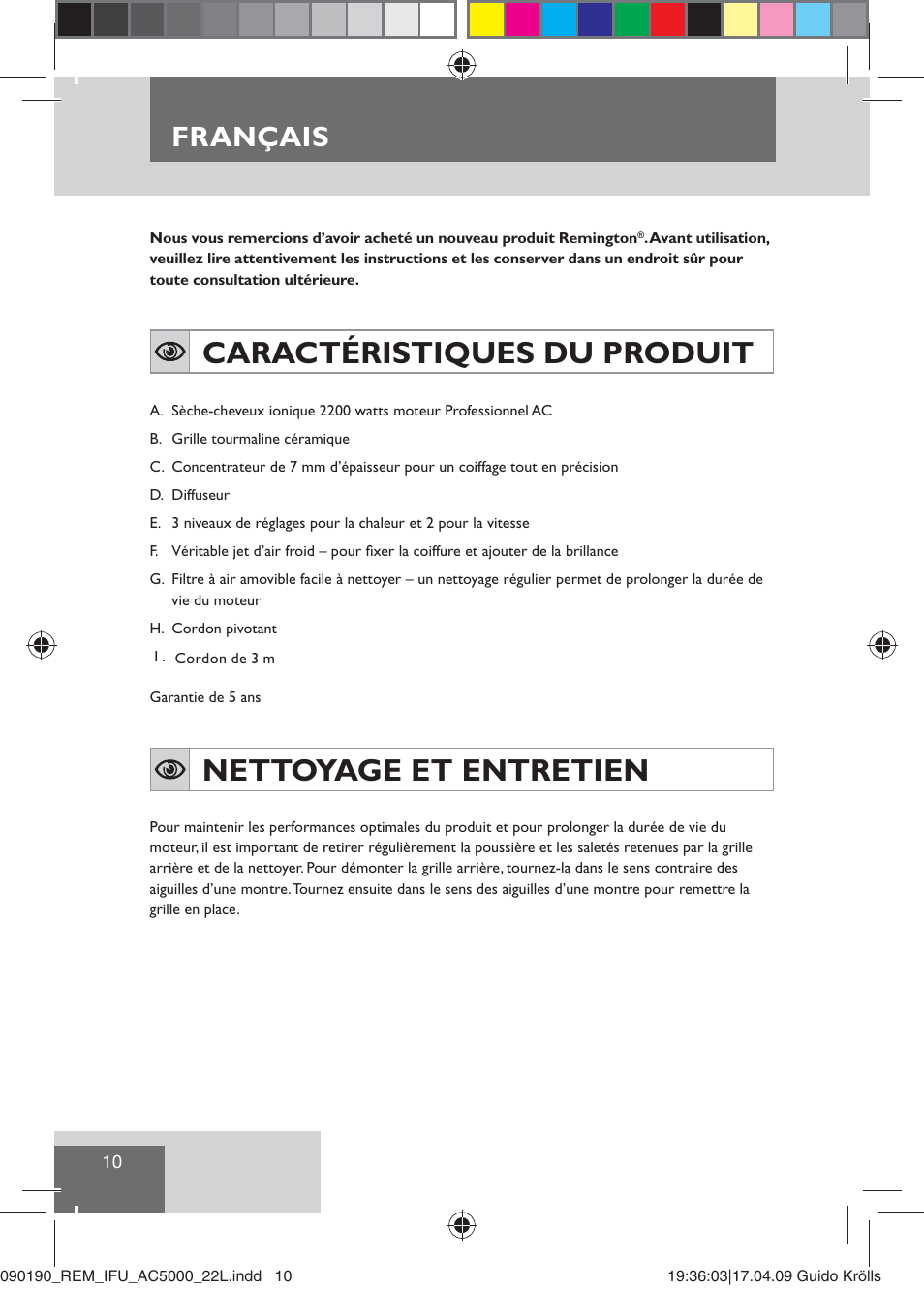 Caractéristiques du produit, Nettoyage et entretien, Français | Remington AC5000 User Manual | Page 12 / 71