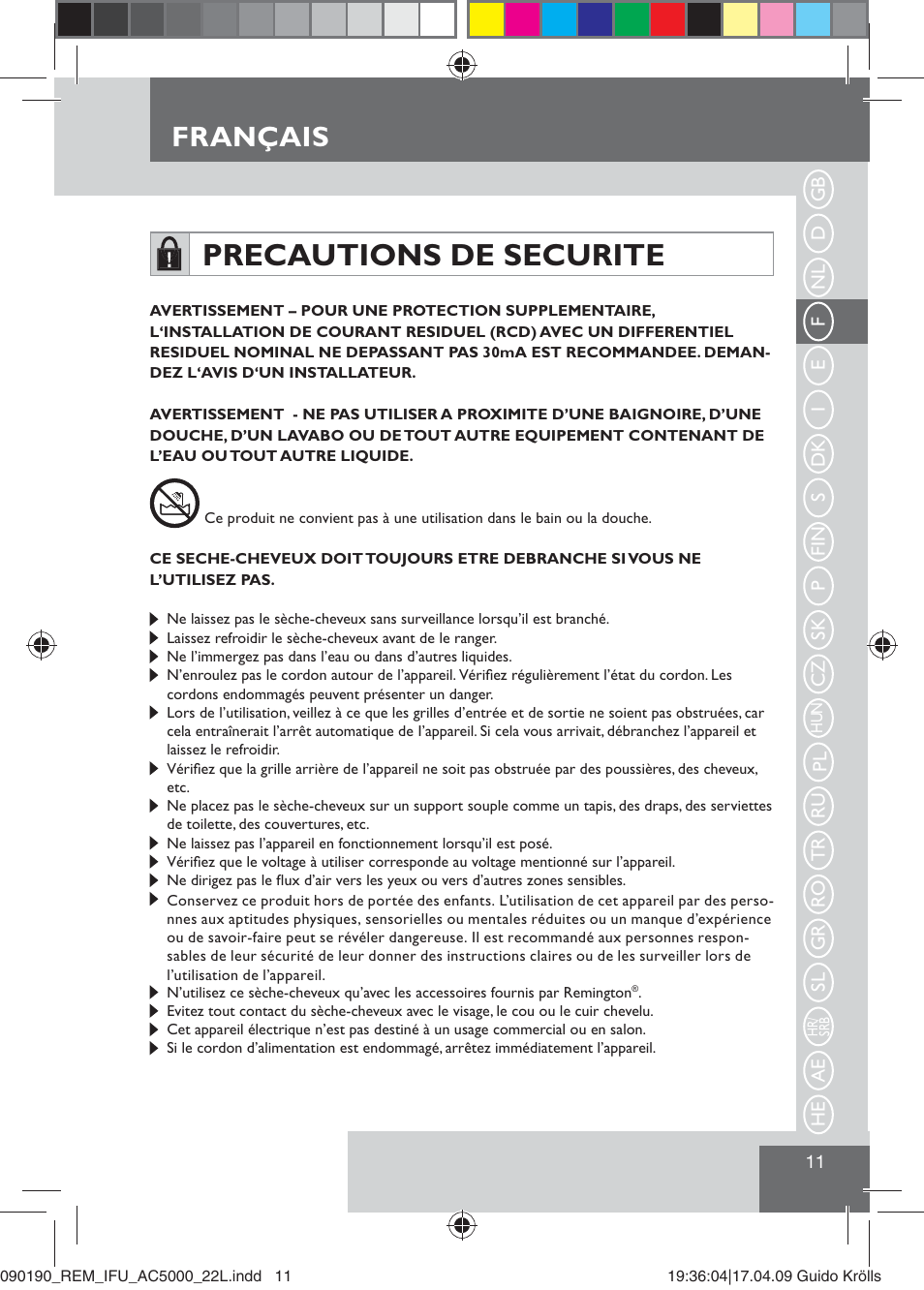 Precautions de securite, Français | Remington AC5000 User Manual | Page 13 / 71