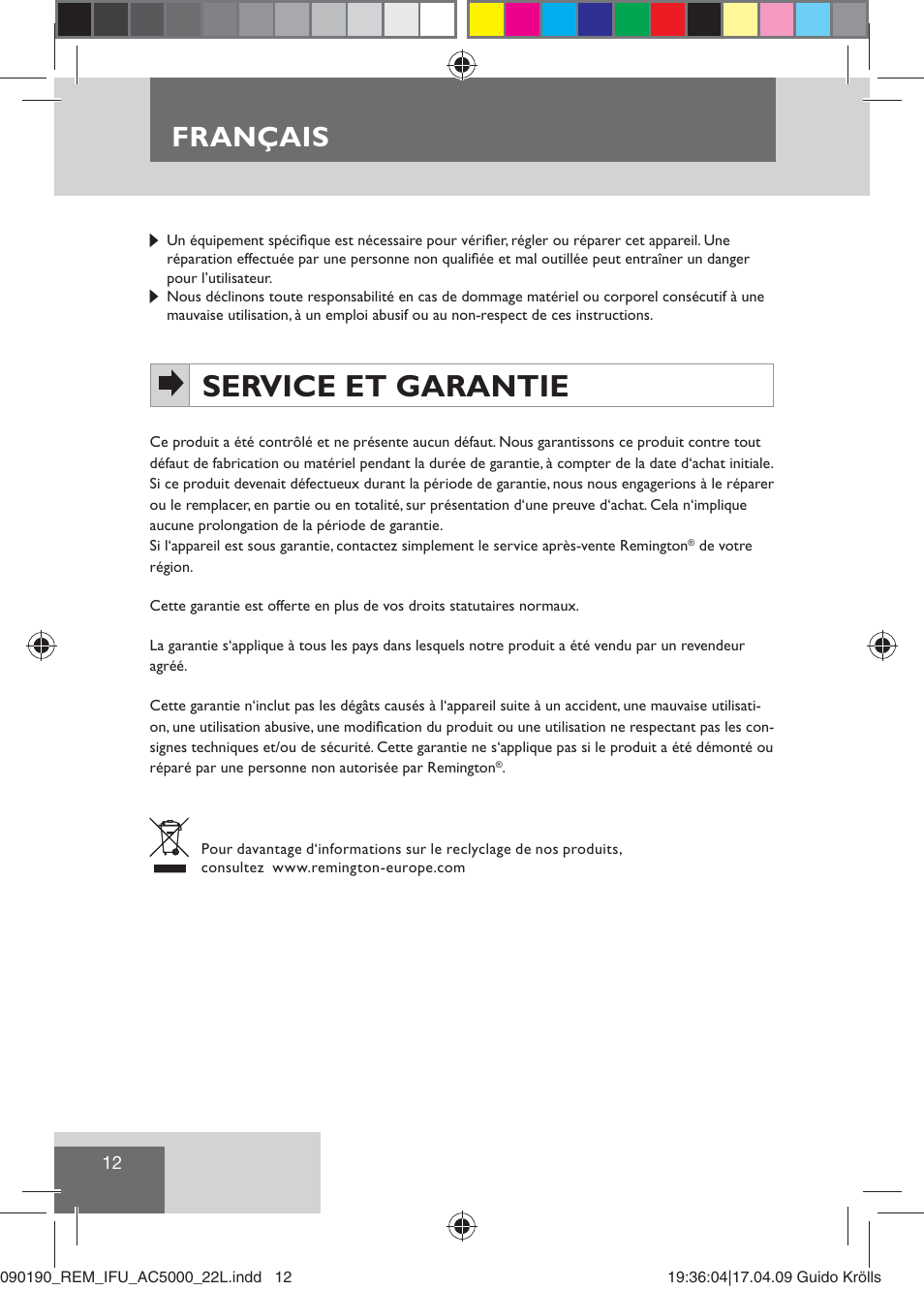 Service et garantie, Français | Remington AC5000 User Manual | Page 14 / 71