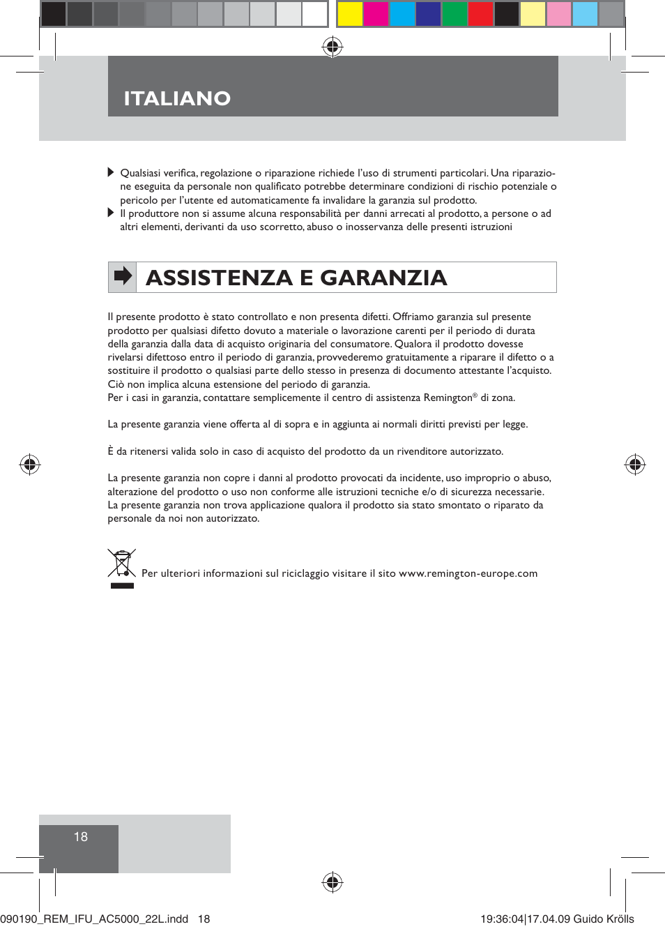 Assistenza e garanzia, Italiano | Remington AC5000 User Manual | Page 20 / 71