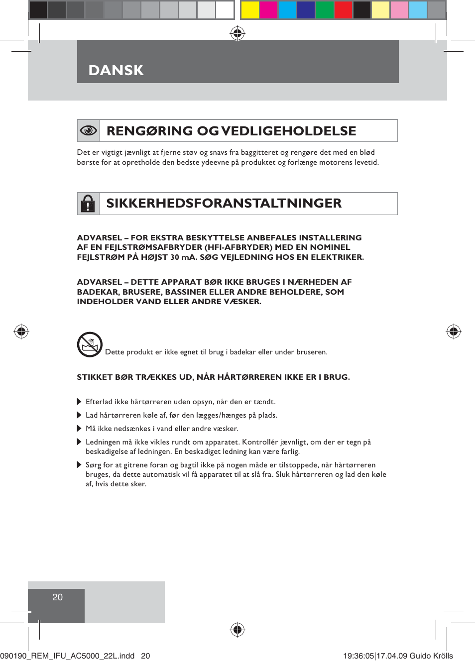 Dansk, Rengøring og vedligeholdelse, Sikkerhedsforanstaltninger | Remington AC5000 User Manual | Page 22 / 71