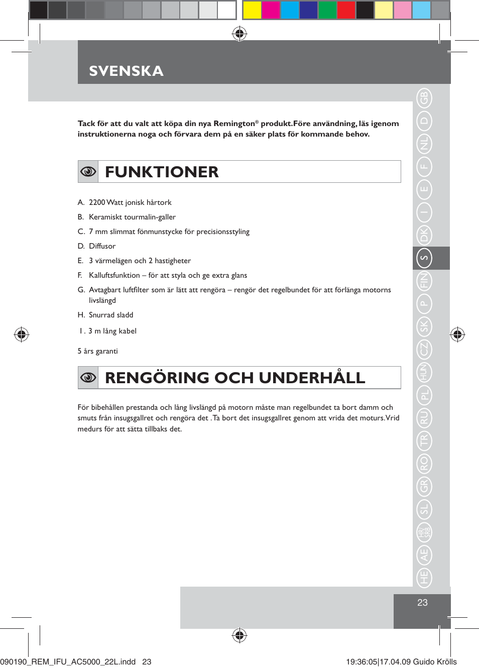 Funktioner, Rengöring och underhåll, Svenska | Remington AC5000 User Manual | Page 25 / 71