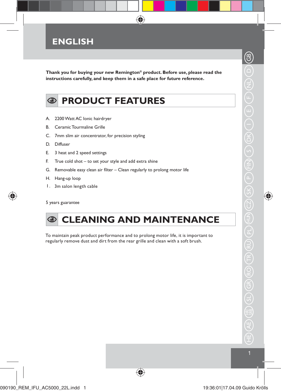 Product features, Cleaning and maintenance, English | Remington AC5000 User Manual | Page 3 / 71