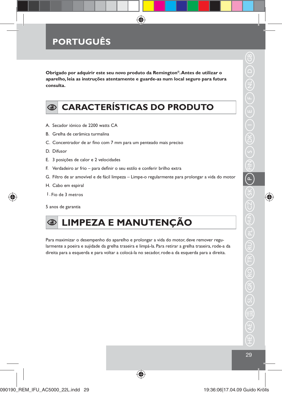 Limpeza e manutenção, Português, Características do produto | Remington AC5000 User Manual | Page 31 / 71