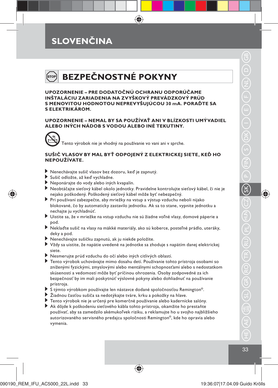 Sloven ina, Slovenčina bezpečnostné pokyny | Remington AC5000 User Manual | Page 35 / 71