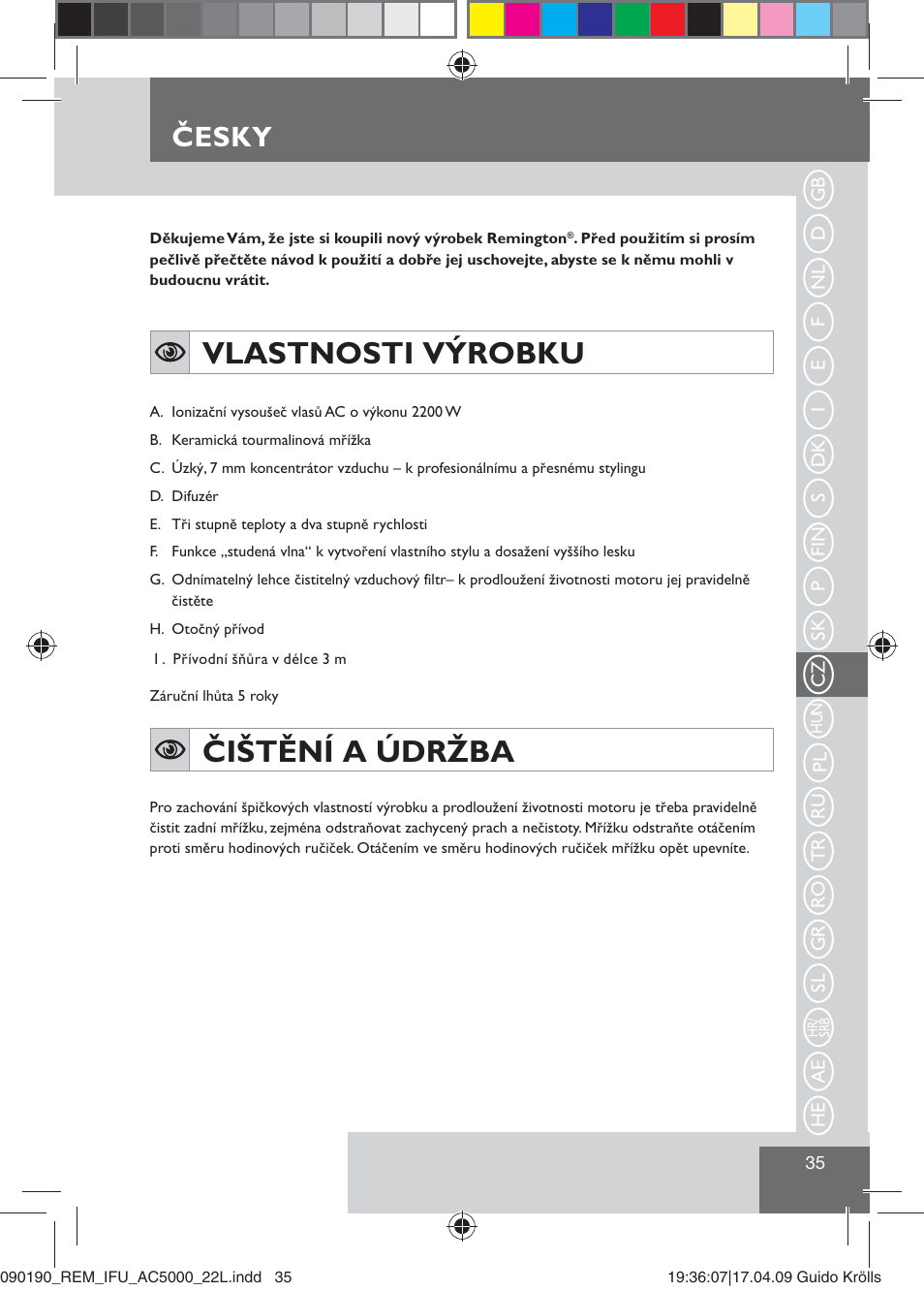 Vlastnosti výrobku, Čištění a údržba, Esky | Česky | Remington AC5000 User Manual | Page 37 / 71