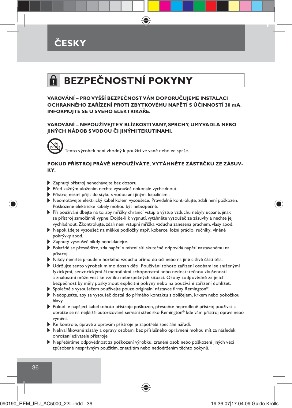 Bezpečnostní pokyny, Esky, Česky | Remington AC5000 User Manual | Page 38 / 71