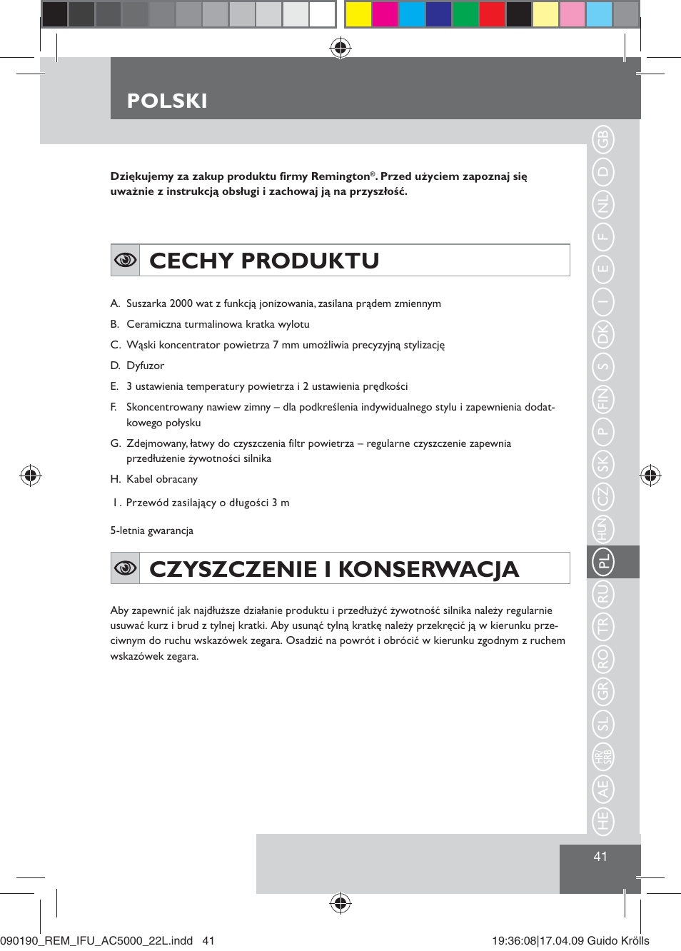 Cechy produktu, Czyszczenie i konserwacja, Polski | Remington AC5000 User Manual | Page 43 / 71