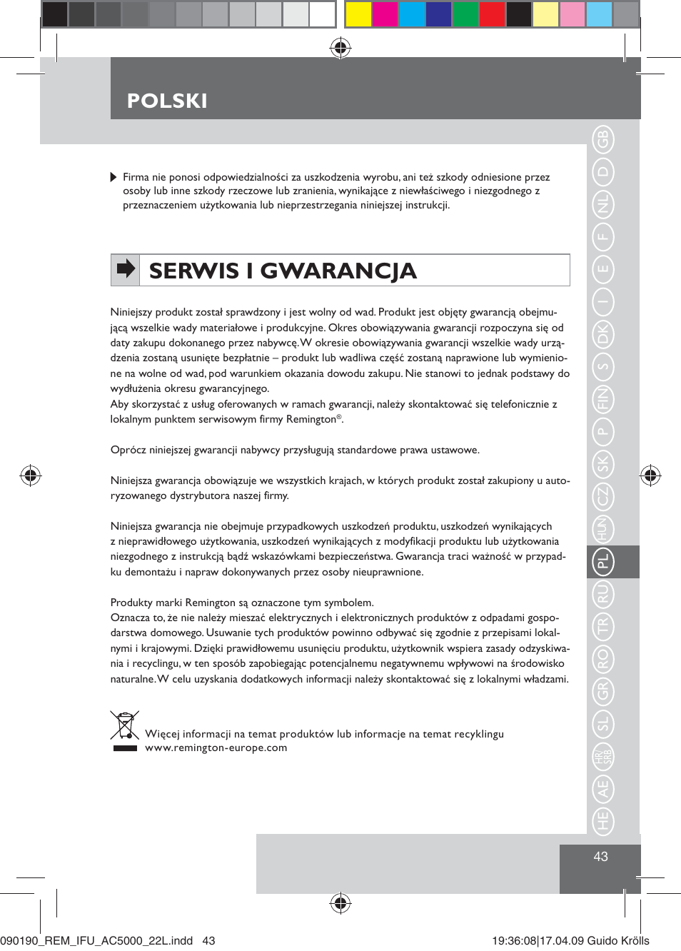 Serwis i gwarancja, Polski | Remington AC5000 User Manual | Page 45 / 71