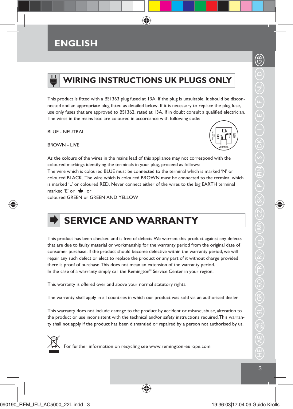Service and warranty, English, Wiring instructions uk plugs only | Remington AC5000 User Manual | Page 5 / 71