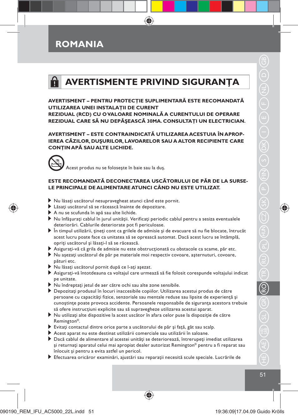 Romania, Avertismente privind siguranţa | Remington AC5000 User Manual | Page 53 / 71