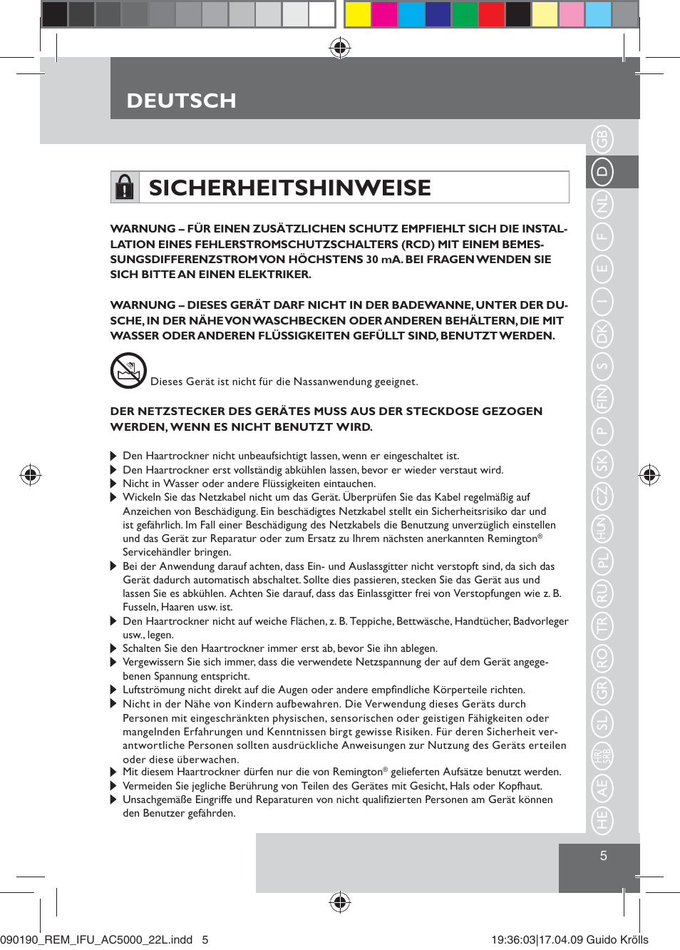 Sicherheitshinweise, Deutsch | Remington AC5000 User Manual | Page 7 / 71