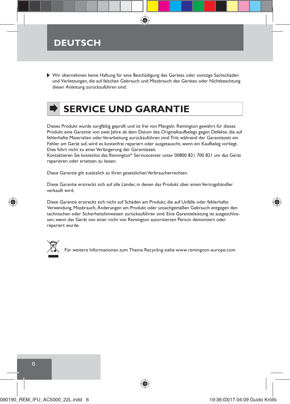 Service und garantie, Deutsch | Remington AC5000 User Manual | Page 8 / 71