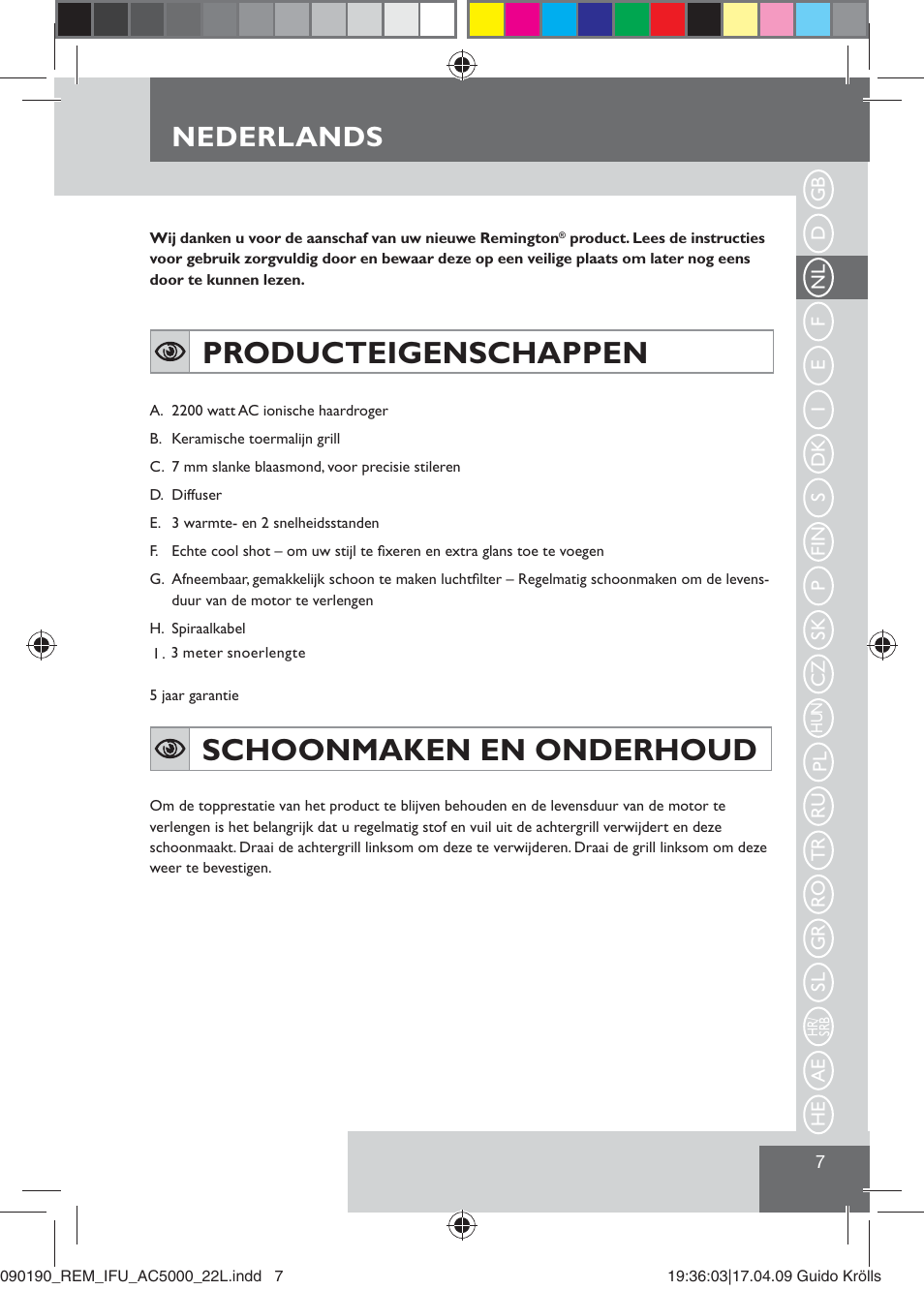 Producteigenschappen, Schoonmaken en onderhoud, Nederlands | Remington AC5000 User Manual | Page 9 / 71