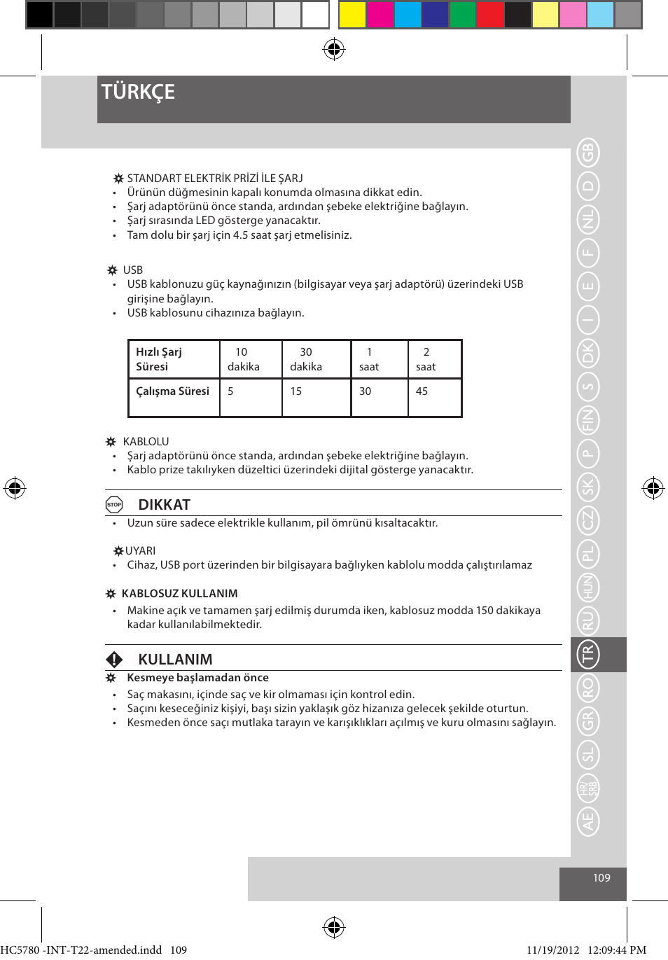 Türkçe, Adikkat, Fkullanim | Remington HC5780 User Manual | Page 109 / 156