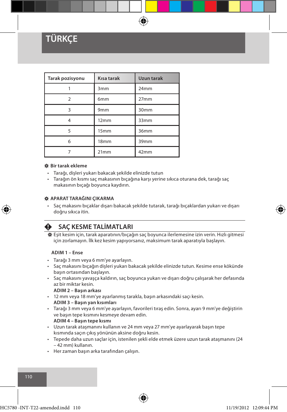 Türkçe, Fsaç kesme talimatlari | Remington HC5780 User Manual | Page 110 / 156