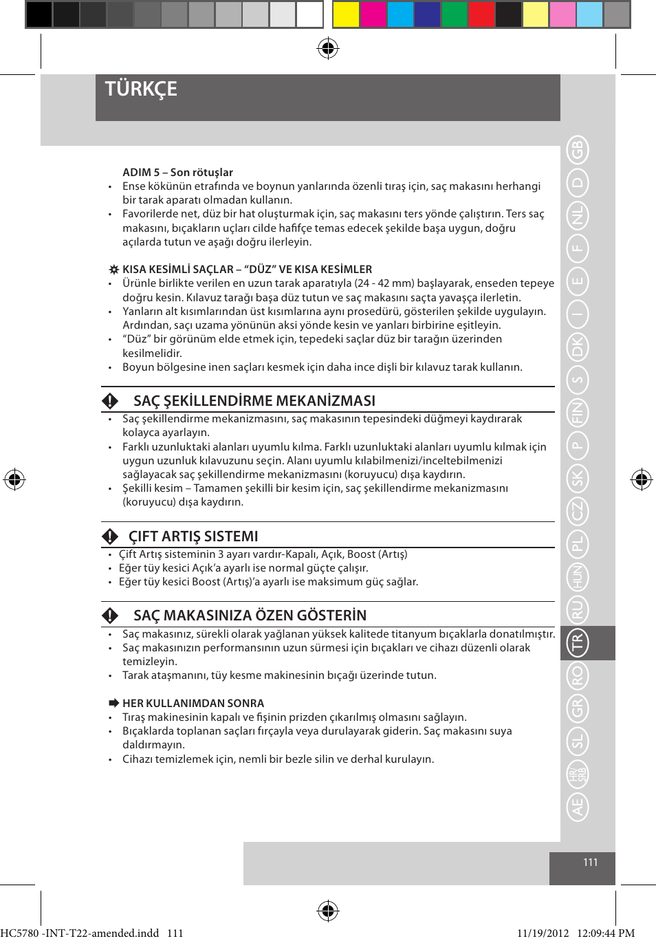 Türkçe, Fsaç şekillendirme mekanizmasi, Fçift artiş sistemi | Fsaç makasiniza özen gösterin | Remington HC5780 User Manual | Page 111 / 156