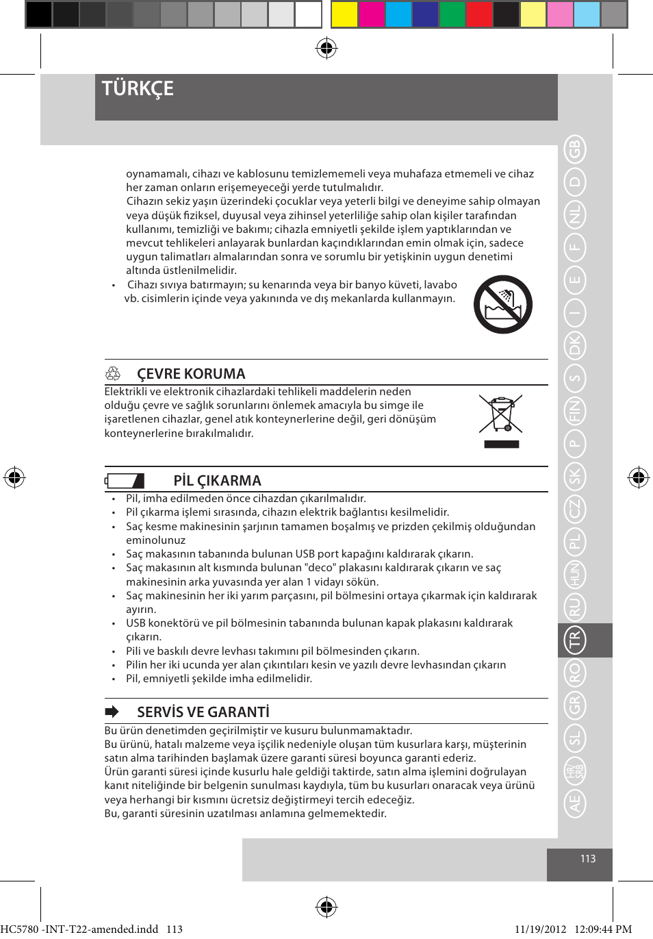 Türkçe, Hçevre koruma, Pil çikarma | Eservis ve garanti | Remington HC5780 User Manual | Page 113 / 156