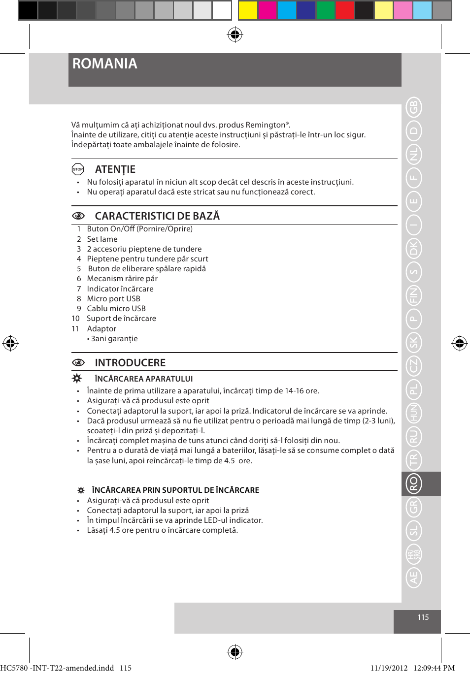 Romania, Aatenţie, Ccaracteristici de bază | Cintroducere | Remington HC5780 User Manual | Page 115 / 156