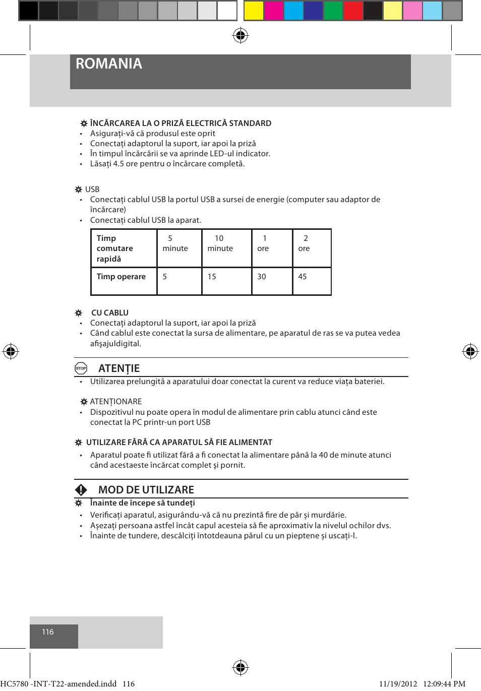 Romania, Aatenţie, Fmod de utilizare | Remington HC5780 User Manual | Page 116 / 156