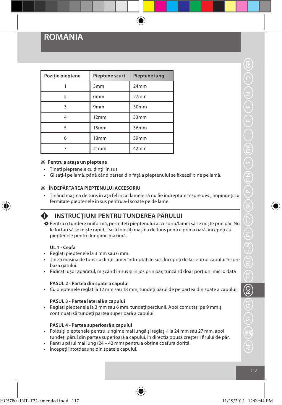 Romania, Finstrucțiuni pentru tunderea părului | Remington HC5780 User Manual | Page 117 / 156