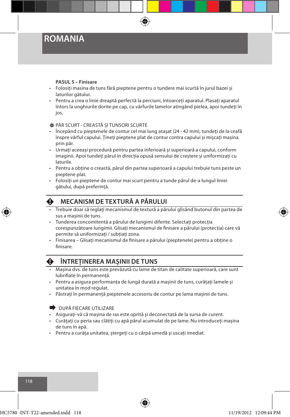 Romania, Fmecanism de textură a părului, Fîntreținerea mașinii de tuns | Remington HC5780 User Manual | Page 118 / 156