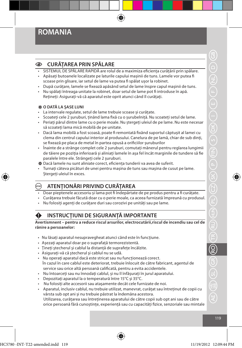 Romania, Ccurățarea prin spălare, Aatenționări privind curățarea | Finstrucţiuni de siguranţă importante | Remington HC5780 User Manual | Page 119 / 156