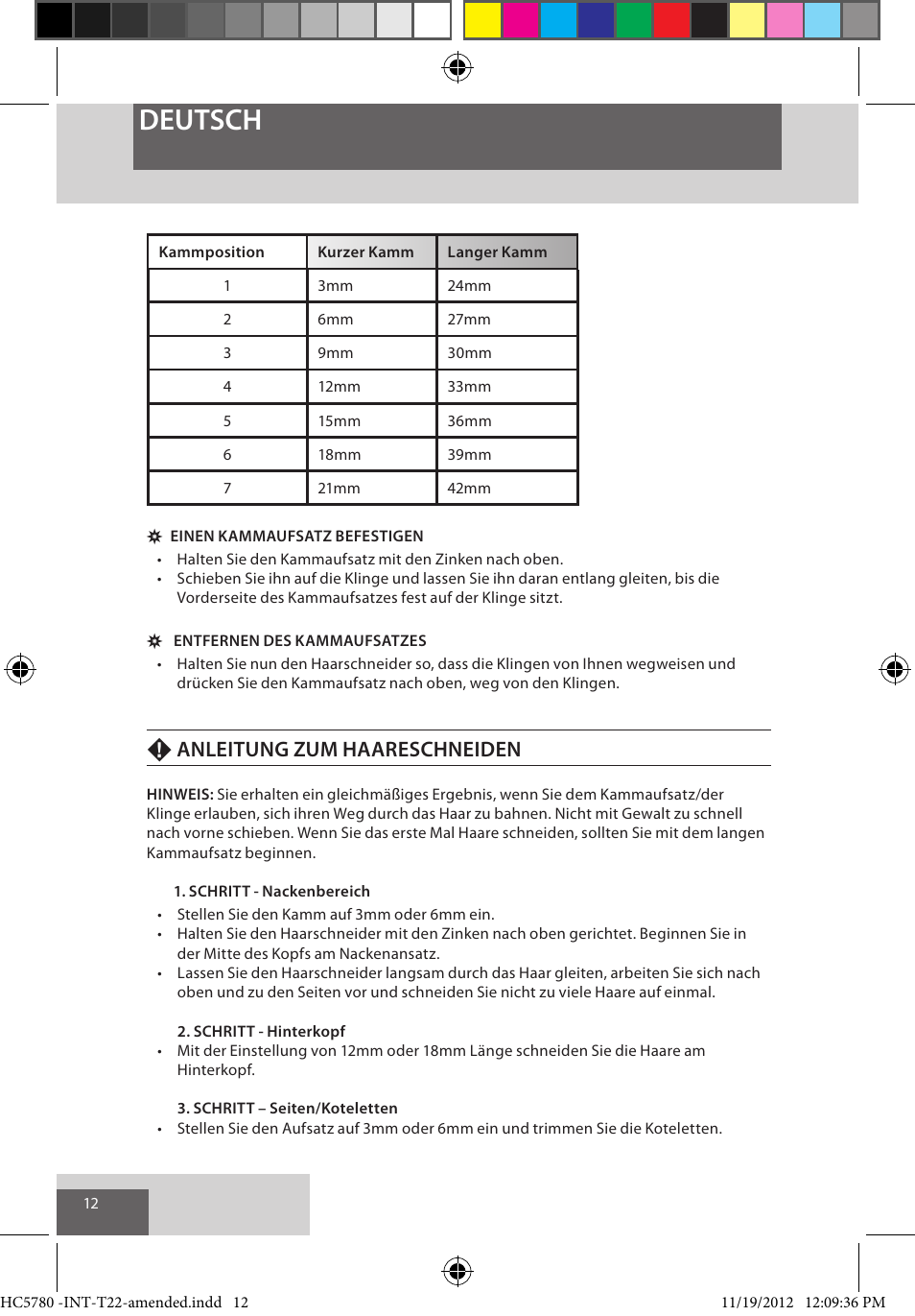 Deutsch, Fanleitung zum haareschneiden | Remington HC5780 User Manual | Page 12 / 156