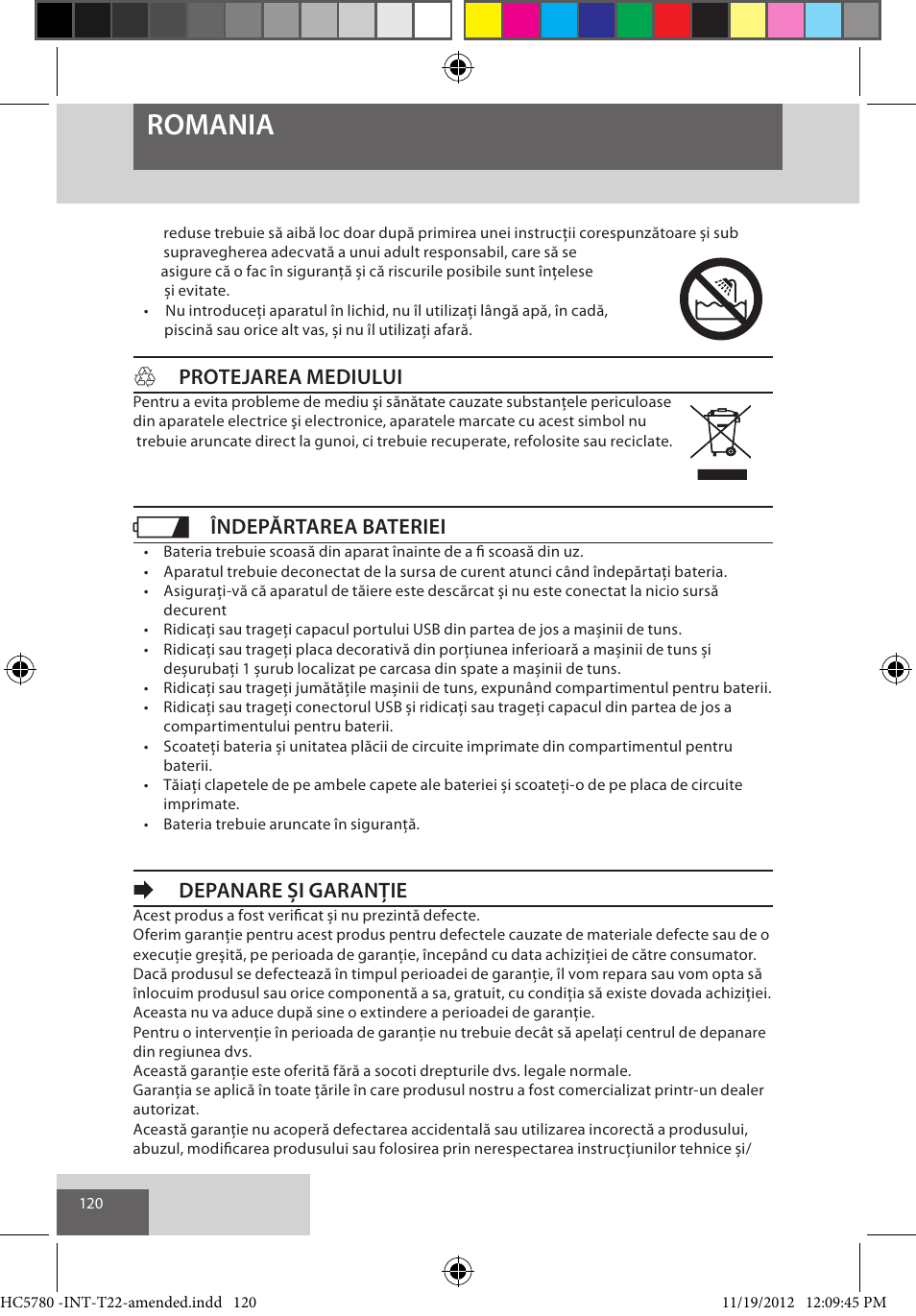 Romania, Hprotejarea mediului, Îndepărtarea bateriei | Edepanare și garanție | Remington HC5780 User Manual | Page 120 / 156