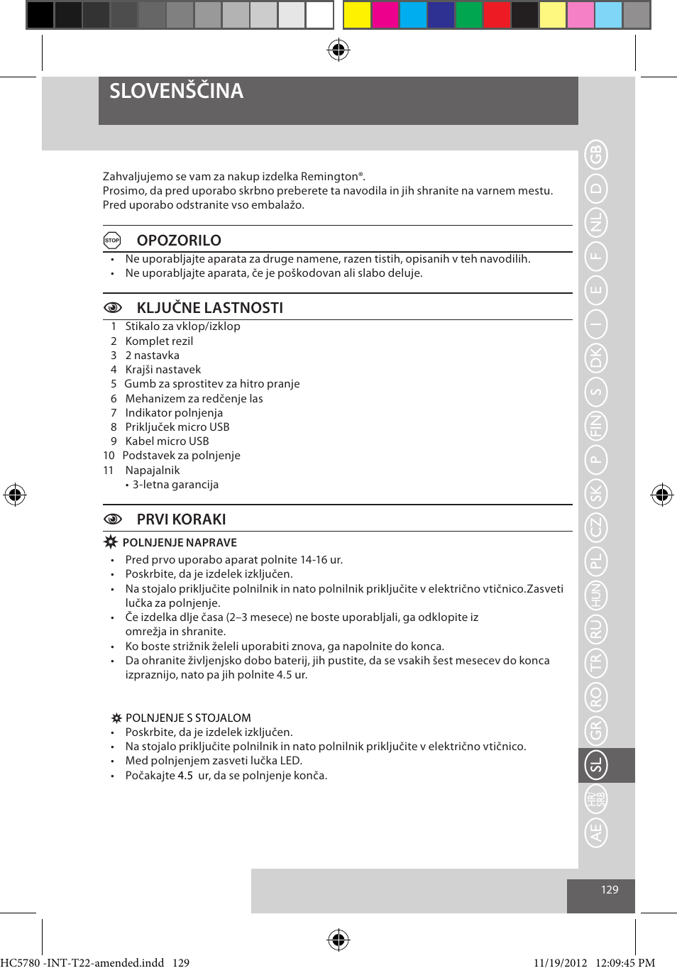 Slovenščina, Aopozorilo, Cključne lastnosti | Cprvi koraki | Remington HC5780 User Manual | Page 129 / 156